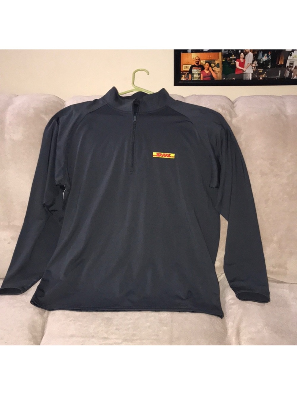 Sport-Tek Men's grey Quarter-Zip light breathable jacket with yellow & red patch